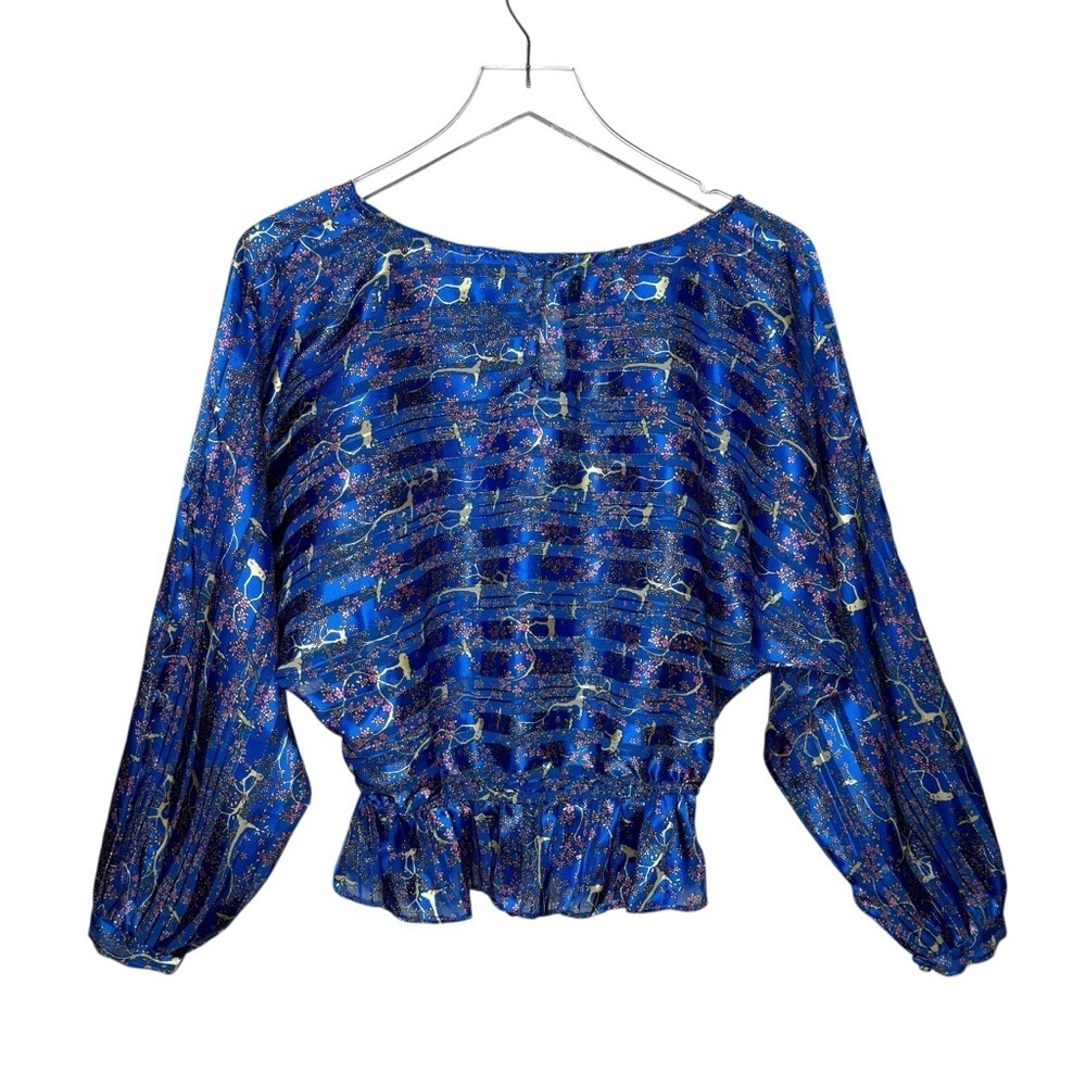 Free People Blue Floral Metallic Boho Festival Top Dolman Sleeved Blouse Sz M - Picture 9 of 13